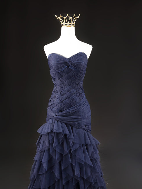 Navy Blue Tulle Mermaid Wedding Gown - Strapless Sheath Wedding Dress - Layered Tulle Ruffle Dress Plus Size
